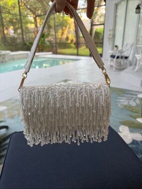 White Beaded Fringe Mini Handbag with Top Handle